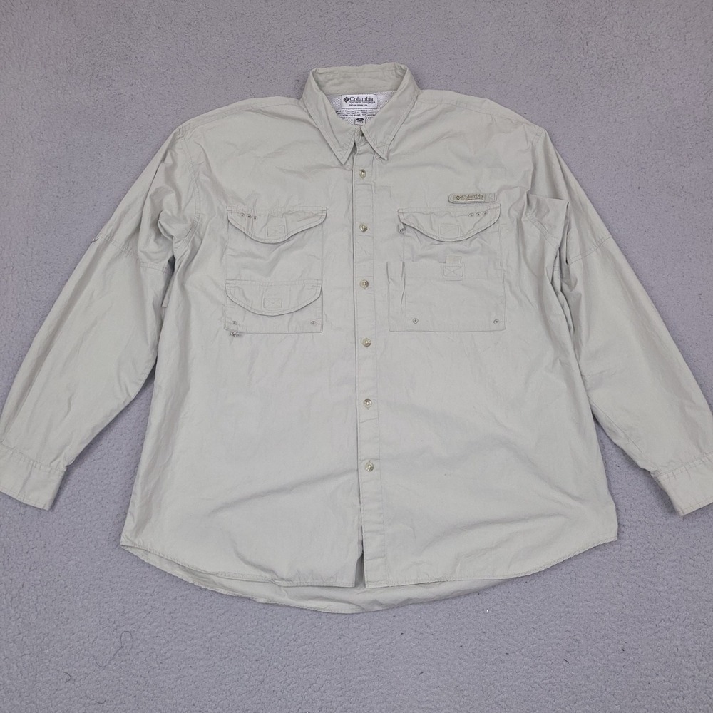 Columbia PFG Fishing Shirt Mens XL Beige Vented Button Up Outdoor Camping